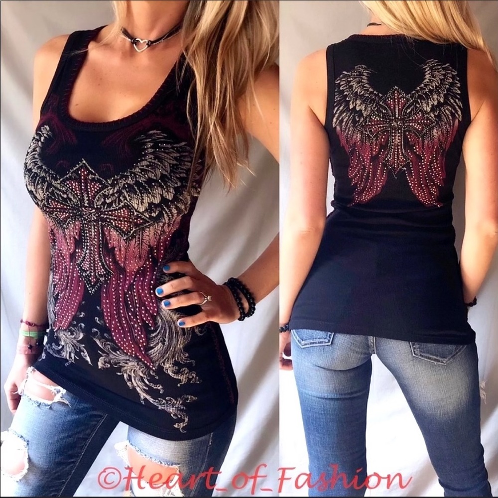 VOCAL Black Embellished Cross Wing Graphic Stitch Detail Biker Ribbed Tank Top